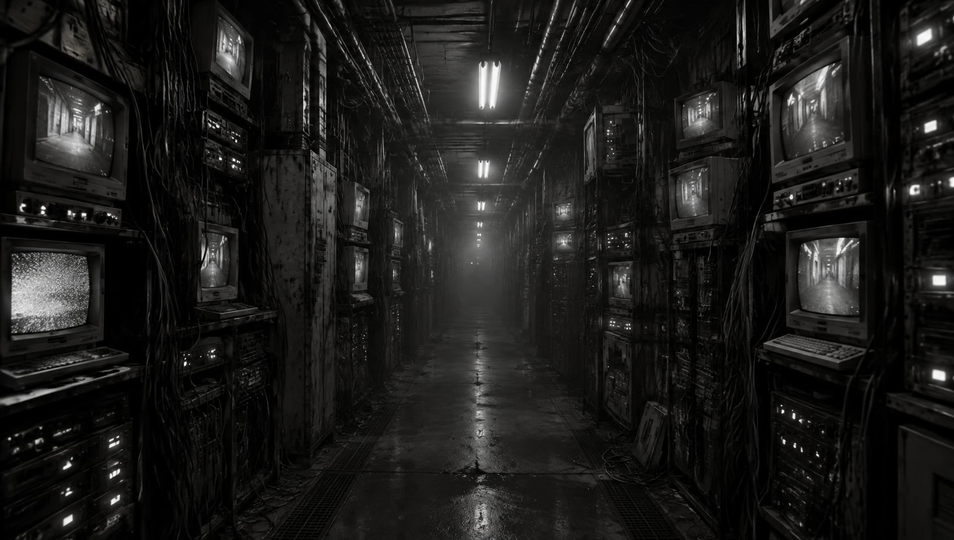 An endless abandoned computer network corridor lined with CRT monitors and cables